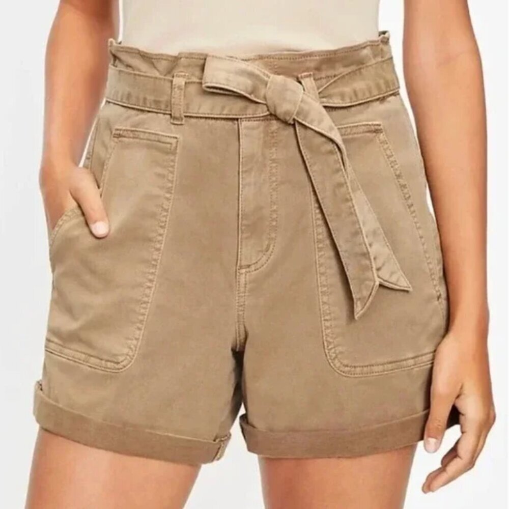 Loft Cuffed Paperbag High Waisted Twill Shorts Tan XL - Picture 1 of 10